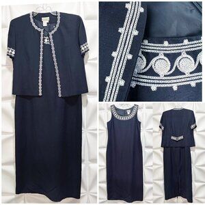 Coldwater Creek Sz 8 Long Blue Linen Embroidered Maxi Dress Cropped Suit Set